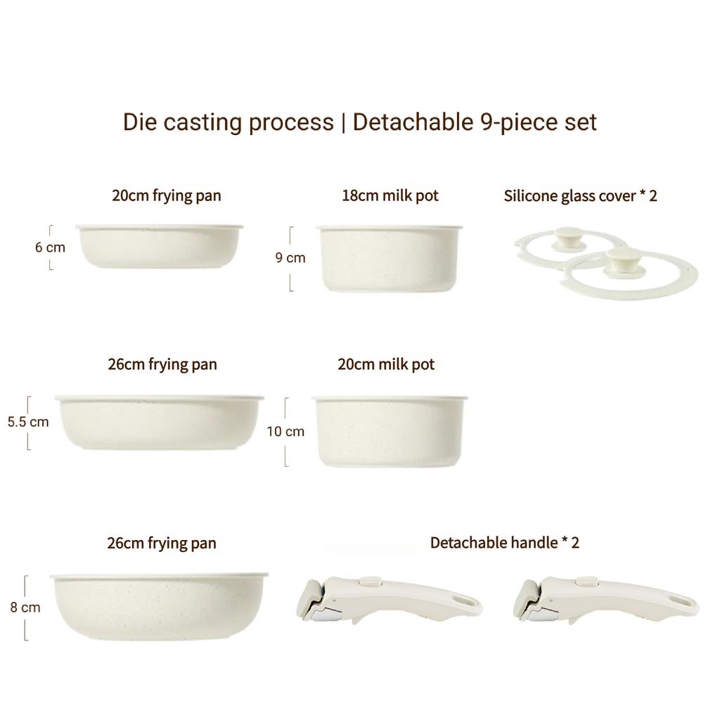 Detachable Handle Cookware Set Granite Coating Nonstick Pots Milk Pan Frying Pan Saucepan Compact Kitchen Set Stackable Storage Induction Stove Pot