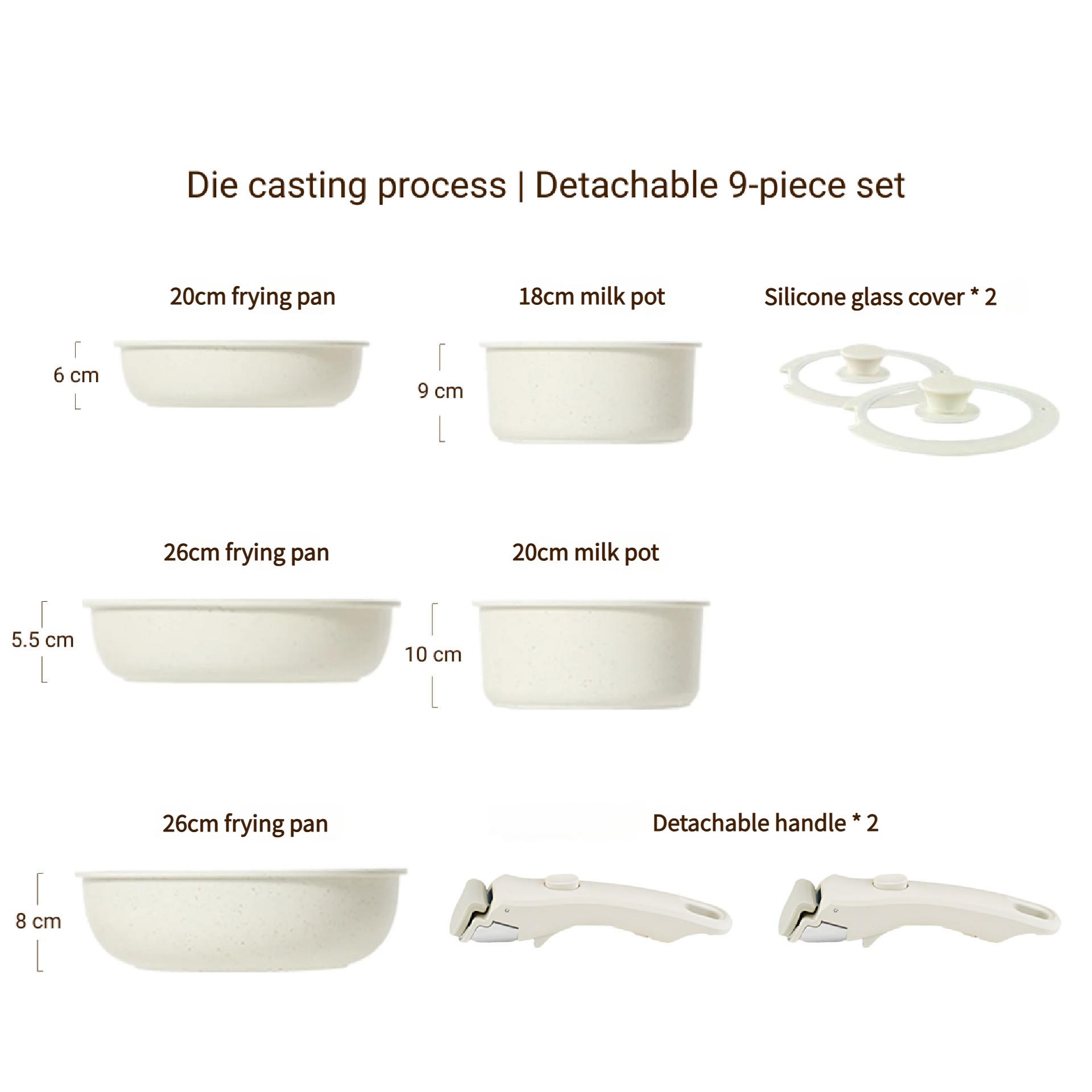 

Набір посуду зі знімною ручкою Гранітне покриття Антипригарні каструлі Молочник Сковорода Сотейник Компактний кухонний набір Штабельоване зберігання Індукційна плита Каструля 9pcs