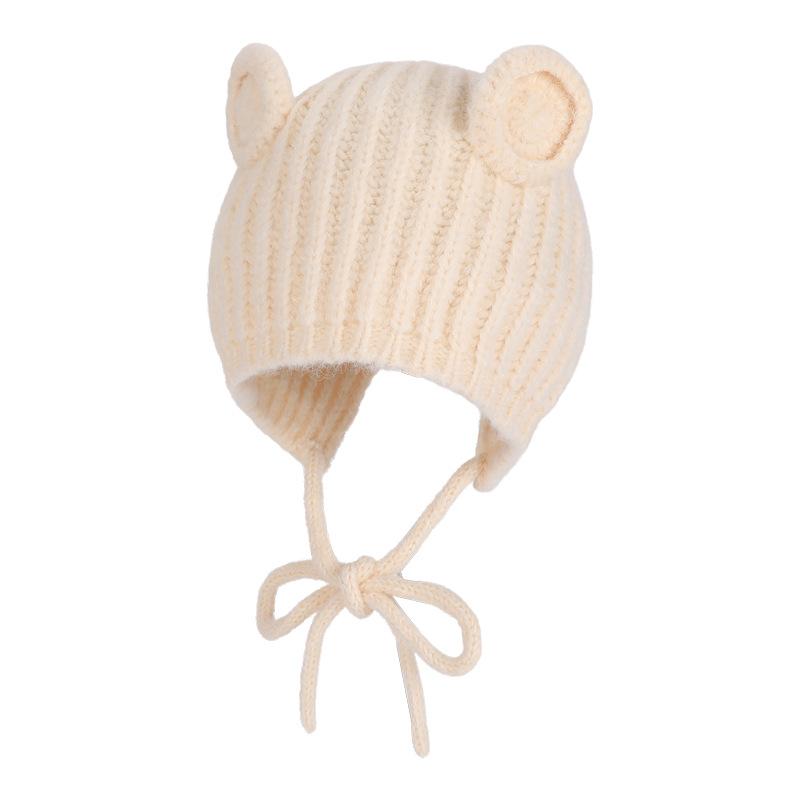 Cute Baby Bear Ear Knit Hat with Tie Strings Warm Winter Bonnet for Infants Toddlers Soft