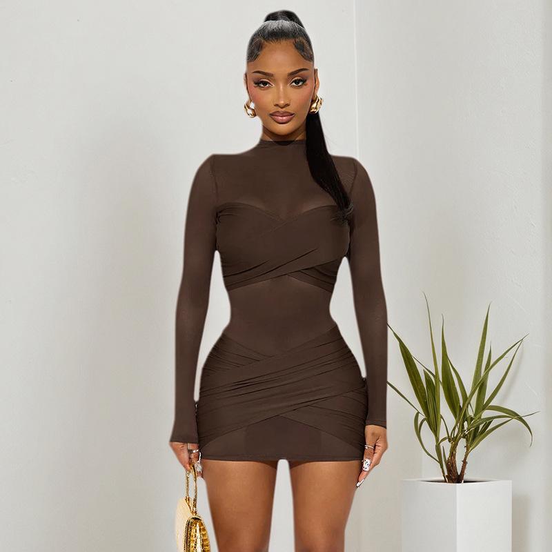 Sexy Round Neck Long Sleeve Mesh Patchwork Dress - Women's Autumn/Winter European & American Style