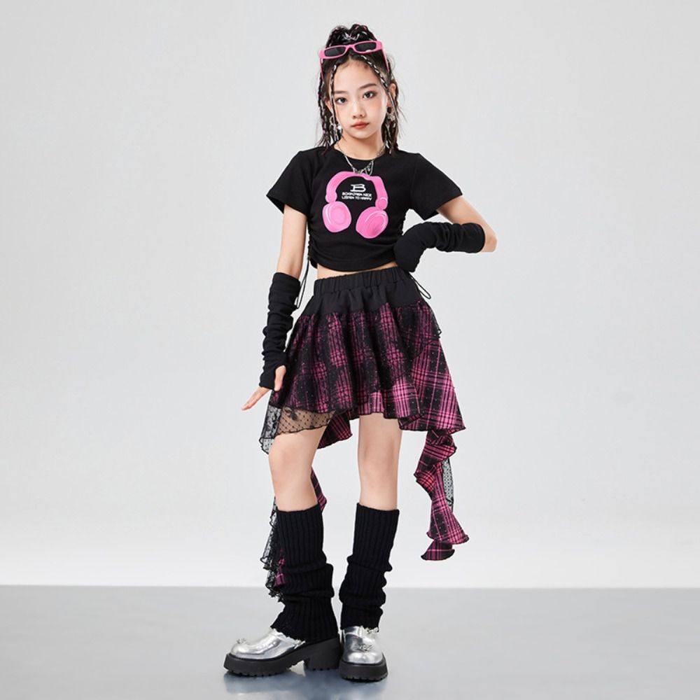 Jazz Children Dance Costume Streetwear T-shirt Plaid Skirt Set Fashion Y2k Outfits Suit  Stage