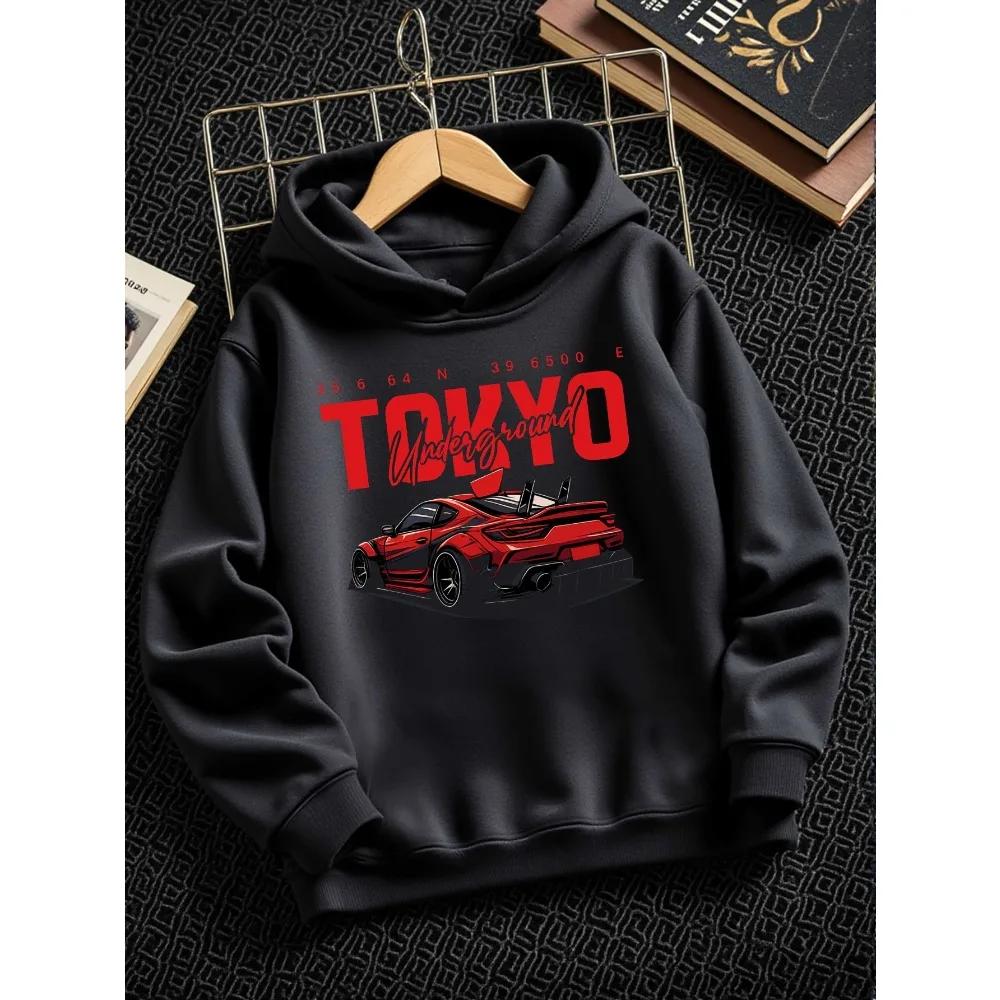 Dětská mikina s fleecovou podšívkou na podzim a zimu s grafikou „Tokyo Racing“, ležérní volný střih; ideální dárek ke Dni dětí.