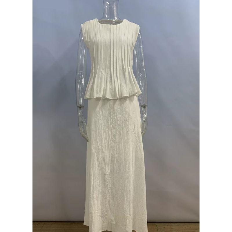 

Fashion Style Cotton Linen Ruched Sleeveless Tops Skirt Suit Sleeveless Top and Skirt Set Beige White M