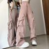 Hip Hop Style Cargo Pants Women Big Pockets Casual Trousers Loose Wide Leg High Waist Solid Color Pants Streetwear