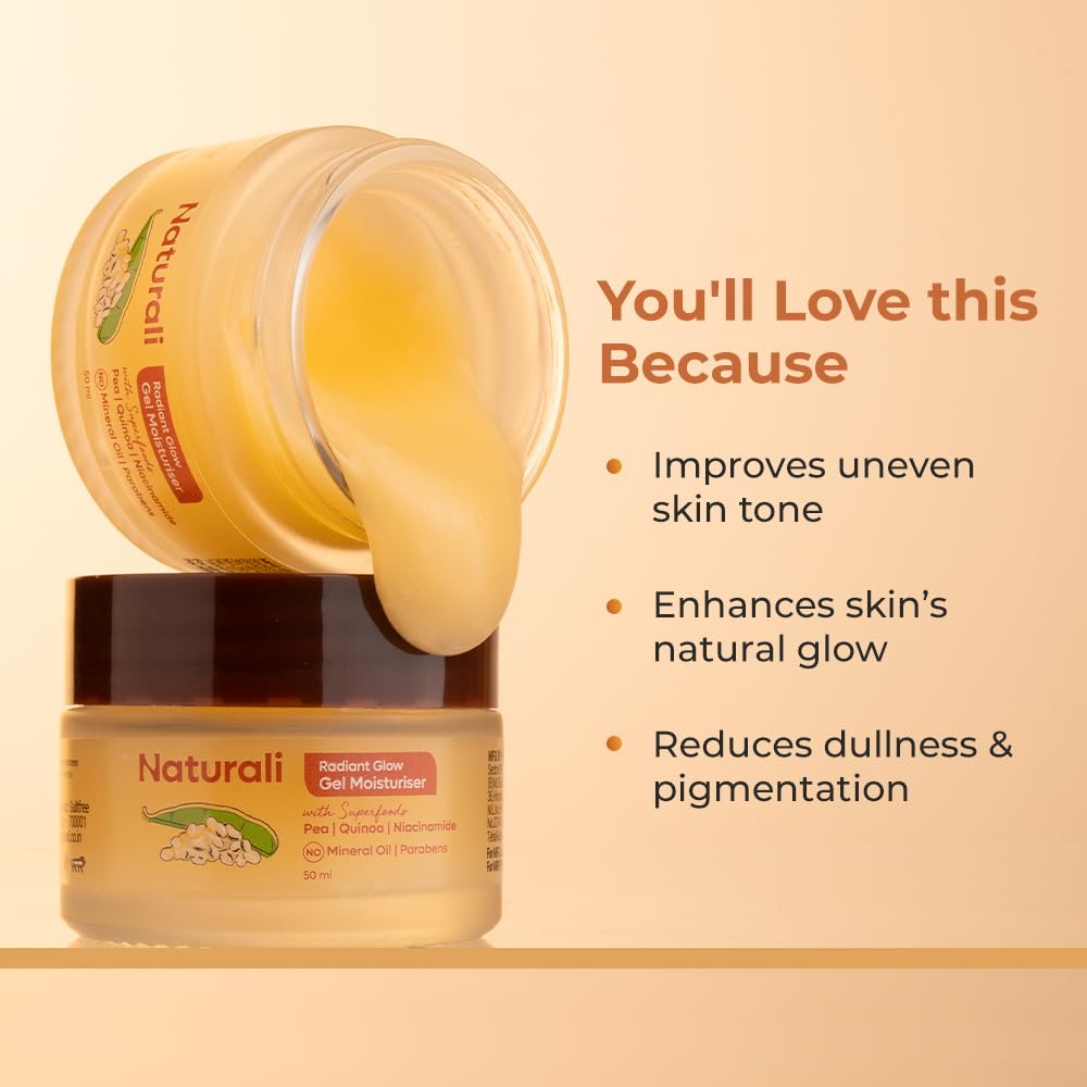 Naturali Radiant Glow Gel Moisturiser 50 Ml Lightweight Hydrating Face Cream For Even Skin Tone Non Greasy Daily Use