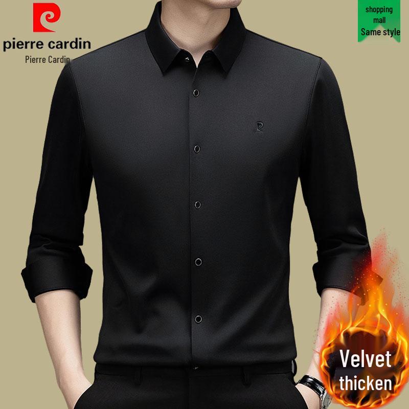 Pierre Cardin Men's Long Sleeve Mulberry Silk Shirt - Iron-Free, Plus Velvet, High-End Business Casual for Autumn/Winter