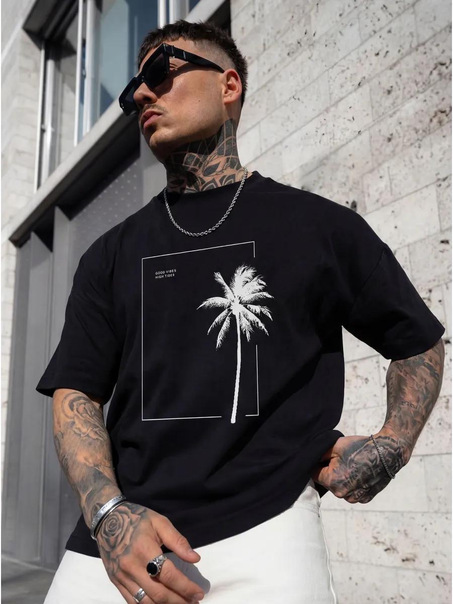 Oversized thick T-shirt with palm print summer 3XL