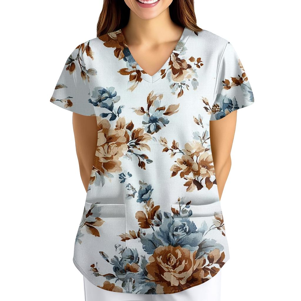 Plus SizePrinted Scrub Working Uniform Tops For Women's Cross V-Neck Print Short Sleeve Fun T-Shirts Workwear Tee With Pockets