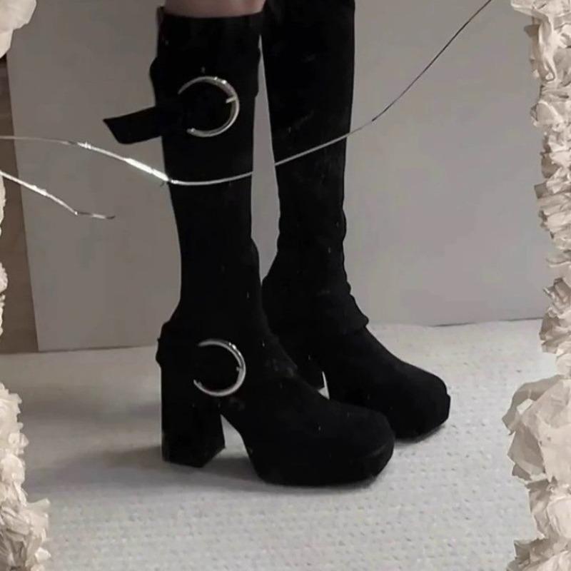 

Long-leg Boots Autumn Winter New Square Toe Cow Suede Side Zip Metal Buckle Platform Block Heel Shoes 40 чорний