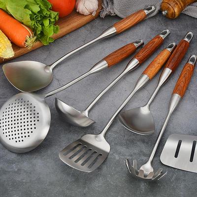 304 Edelstahl Palisander Küchenutensilien-Set: Wok-Schaufel, Anti-Verbrühungs-Hohlgriff Schlitzlöffel, Bratpfannenwender