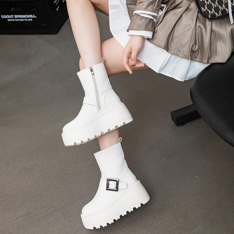 Mode 8cm 2024 Mikrofaserleder Damen Vulkanisiert Erhöhen Lässige Stiefeletten Plateau Keilabsatz Hohe Absätze Weiße Schuhe Reißverschlussschuhe