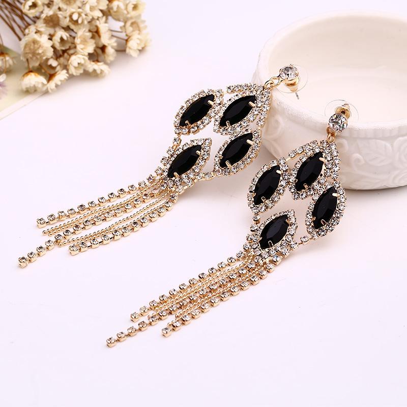 New Earrings Trendy Fashion Crystal Tassel Listed Black Women's Street Racket Party Stud E070