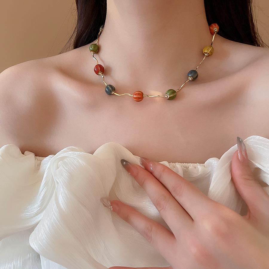 Summer dopamine stained glass crystal beaded necklace collarbone chain design sense niche item decoration