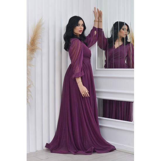 Zweireihiges Abendkleid mit Kragen, Gürtel und Ballonärmeln aus glitzerndem Tüll TE Settür Abendkleid