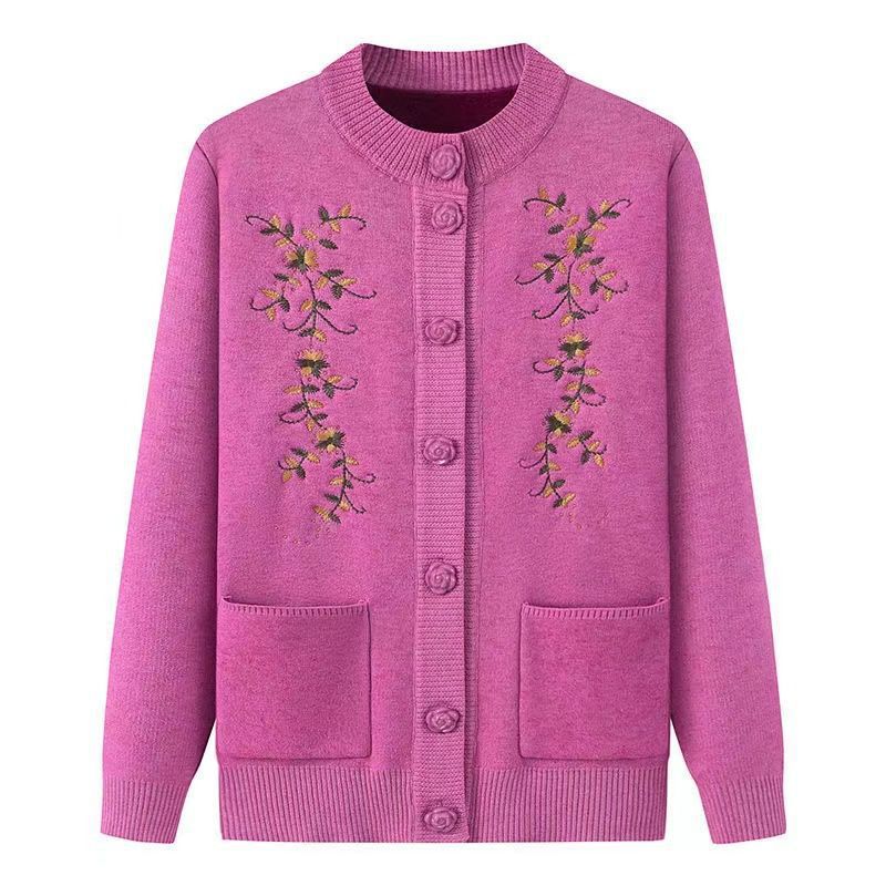 Fleece Knitted Grandma Sweater Cardigan Top Integrated Elderly Clothes Women's Fleece Jacket Middle-aged and Elderly Mother Clothes