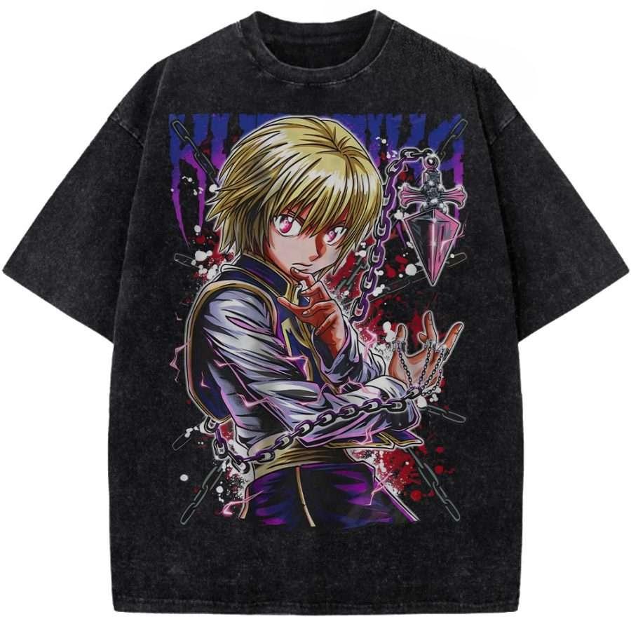 Anime Hunter X Hunter Gon Kurapika Graphic T Shirt Men Women Clothing Casual Cotton Tshirt Vintage Washed T-shirt Harajuku Tops