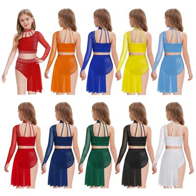 Kinder Mädchen Zeitgenössisches Lyrisches Tanzoutfit - Einseitige Transparente Mesh Langarm Strass Crop Top & Asymmetrischer Rock