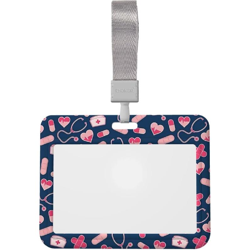 Nurse Pattern Cute Horizontal ID Badge Holder with Lanyard for Women Girly Girls Clip Name Tag Card Personalized Case Hard Plastic Protector Cover