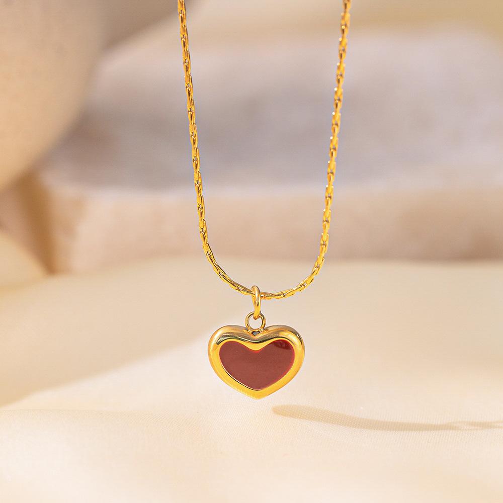 Red heart-shaped titanium steel necklace, small red heart pendant, sweet, peach heart collarbone chain, earrings, bracelet