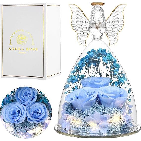 Mothers Day Mom Gifts for Women Preserved Flowers in Glass Angel Forever Flowers Gifts Eternal Roses Gifts for Grandma, Light Purple