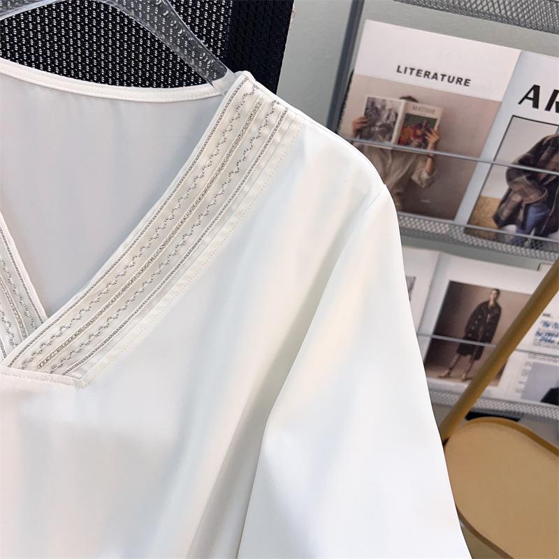 Women's Plus Size V-Neck Chiffon Short Sleeve Mid-Length Loose T-Shirt 