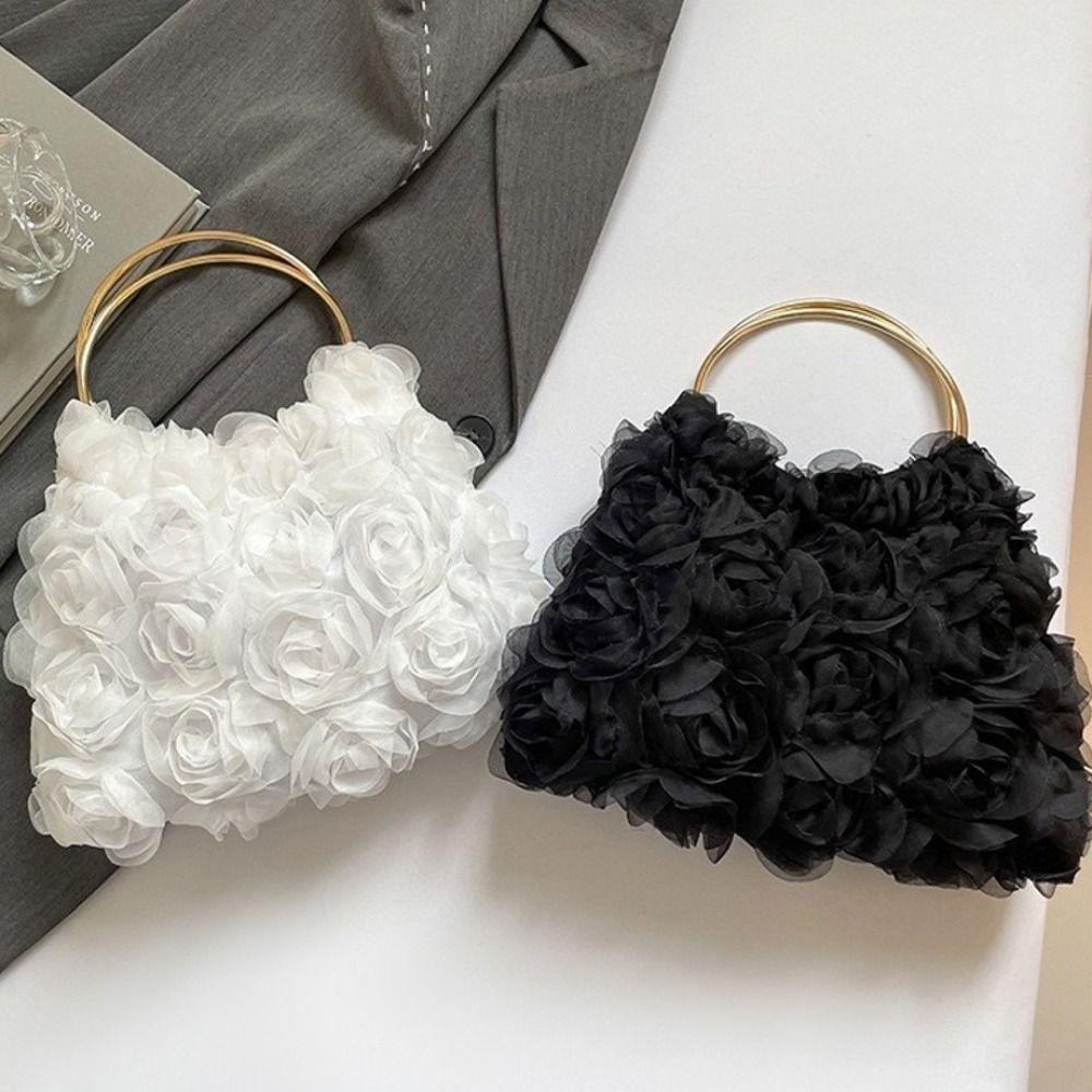 Versatile Elegant Floral Clutch Purse Black/White Metal Handle Bridal Handbag Lace Floral Rose Flower Prom Bag For Women