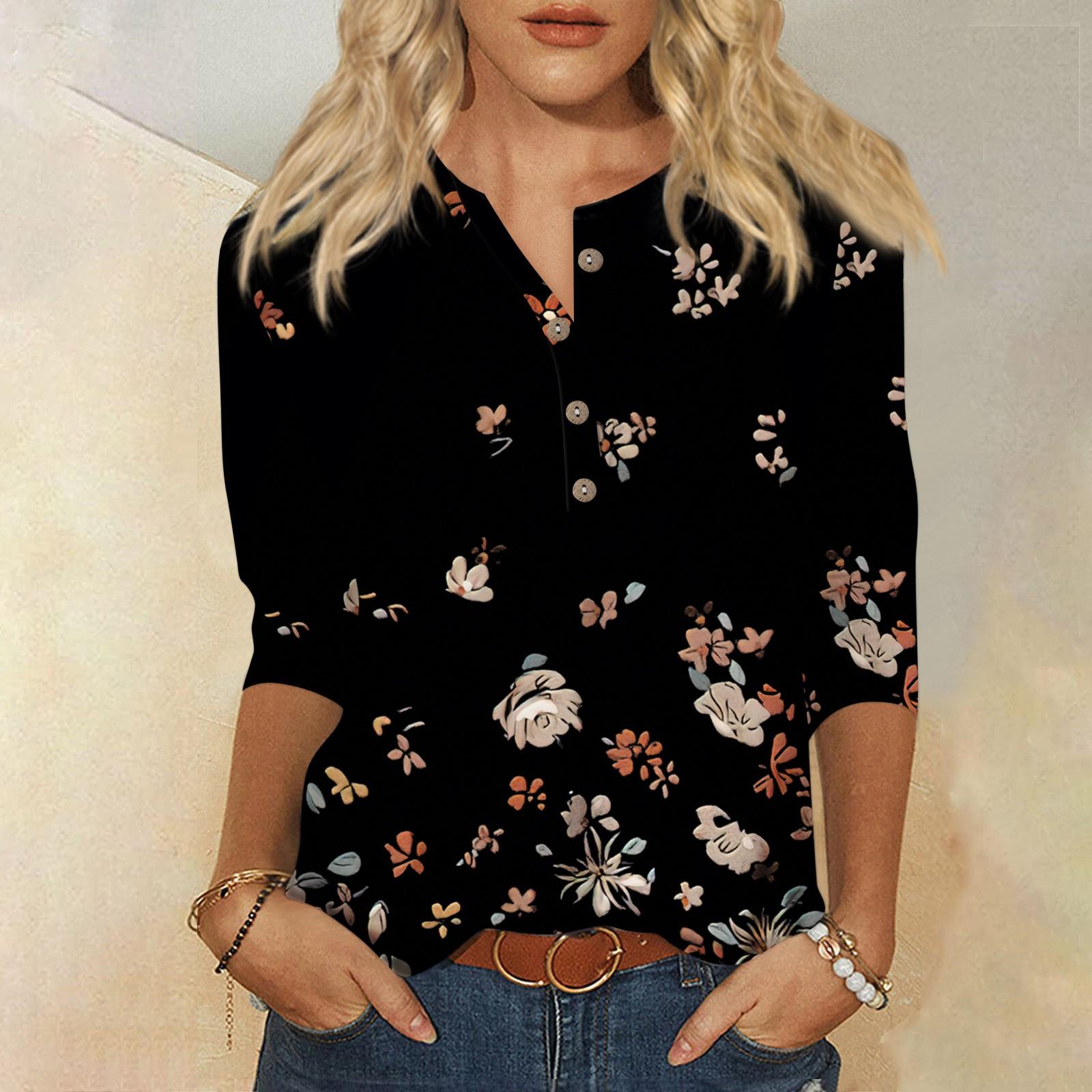 

Рубашки с рукавом 3/4 для женщин, милые футболки с графическим принтом, блузки, повседневные базовые топы больших размеров, пуловеры XL чёрный