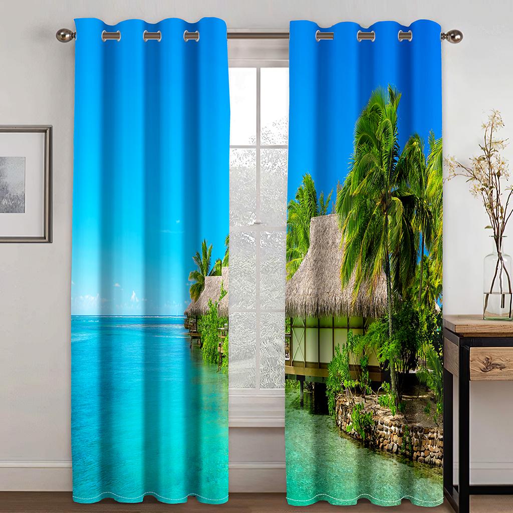 3D Printing Polyester Semi Sunshade Curtain, Cheap Thin Shading, Natural Sea, Beach Scenery, Bedroom, Living Room, Home Hook Dec