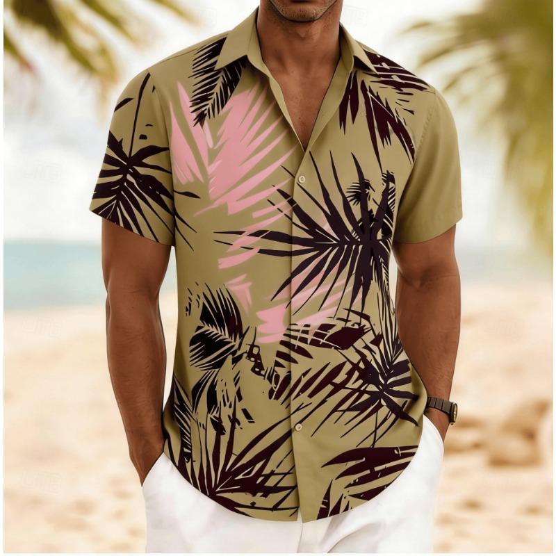 Men's Palm Leaf Print Short Sleeve Shirt, Spring Summer Artistic Hawaiian Vacation Blouse, Loose Casual Top