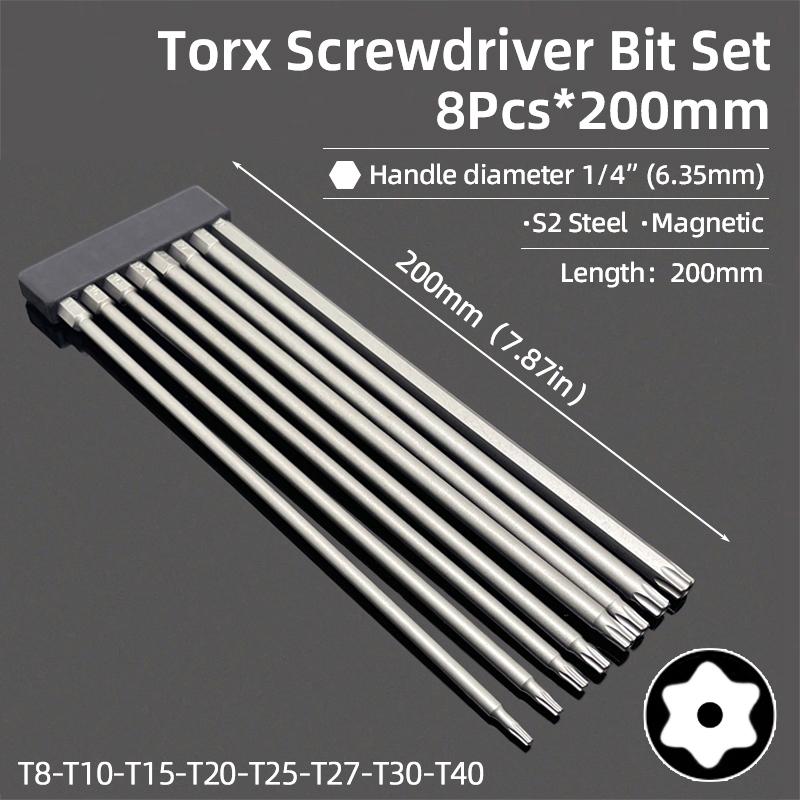 200mm Torx Screwdriver Bits Magnetic Hollow Plum Blossom Head S2 Steel Security Bit T6-T40 1/4'' Hex Shank Hand Power Tools