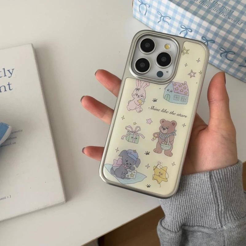 Korean Star Bear Rabbit Is Suitable for Apple iPhone17/16pro Mobile Phone Case 14 Water Condensation 13 Cute 15 Sets