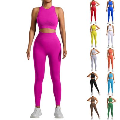Damenmode Einfarbig Enganliegendes Lauf-Fitness-Tanktop mit Gewinde Nahtlose Hose Yoga-Set