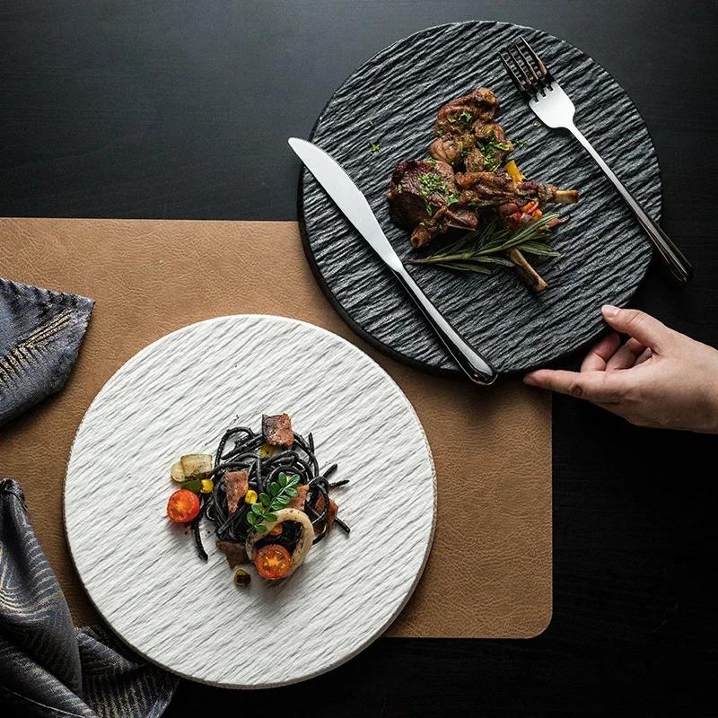 Creative Western Tableware Ceramic Round Steak Pasta Plate Kitchen Utensils Fine Cooking Dishes Black Stone Grain Flat Plate