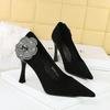 Fashion New High Heels Women Shoes Thin Heel Rhinestone Side Flower Pumps Lady Black Pointed Toe Stiletto Xishi Velvet Sexy Party Shoes