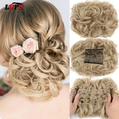 Synthetischer Haarknoten, Kamm, zum Anklipsen, unordentlicher, lockiger Chignon, elastisches Band, Scrunchies, Haarteile, Verlängerung für Frauen, Schwarz, Braun
