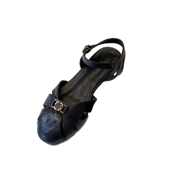 Soft Leather Version~ New French Hollow One-word Sandals Women's Round Head Versatile Retro Camellia Roman Shoes
