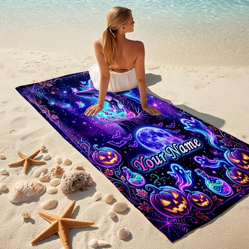1PC Custom Name Halloween Witch Spell Book Beach Towel Highly Absorbent And Sand-Resistant Towel for Swimming, Pool, Yoga, And Travel Lightweight
