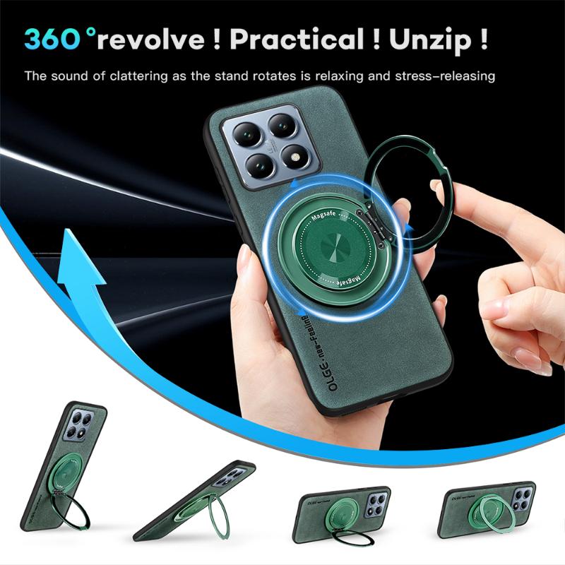 For Magsafe Magnetic 360 ° Rotat Metal Bracket Ring Leather Phone Case For Xiaomi 13T 14T Pro Redmi Note 13 10 11 12 14 Pro Plus
