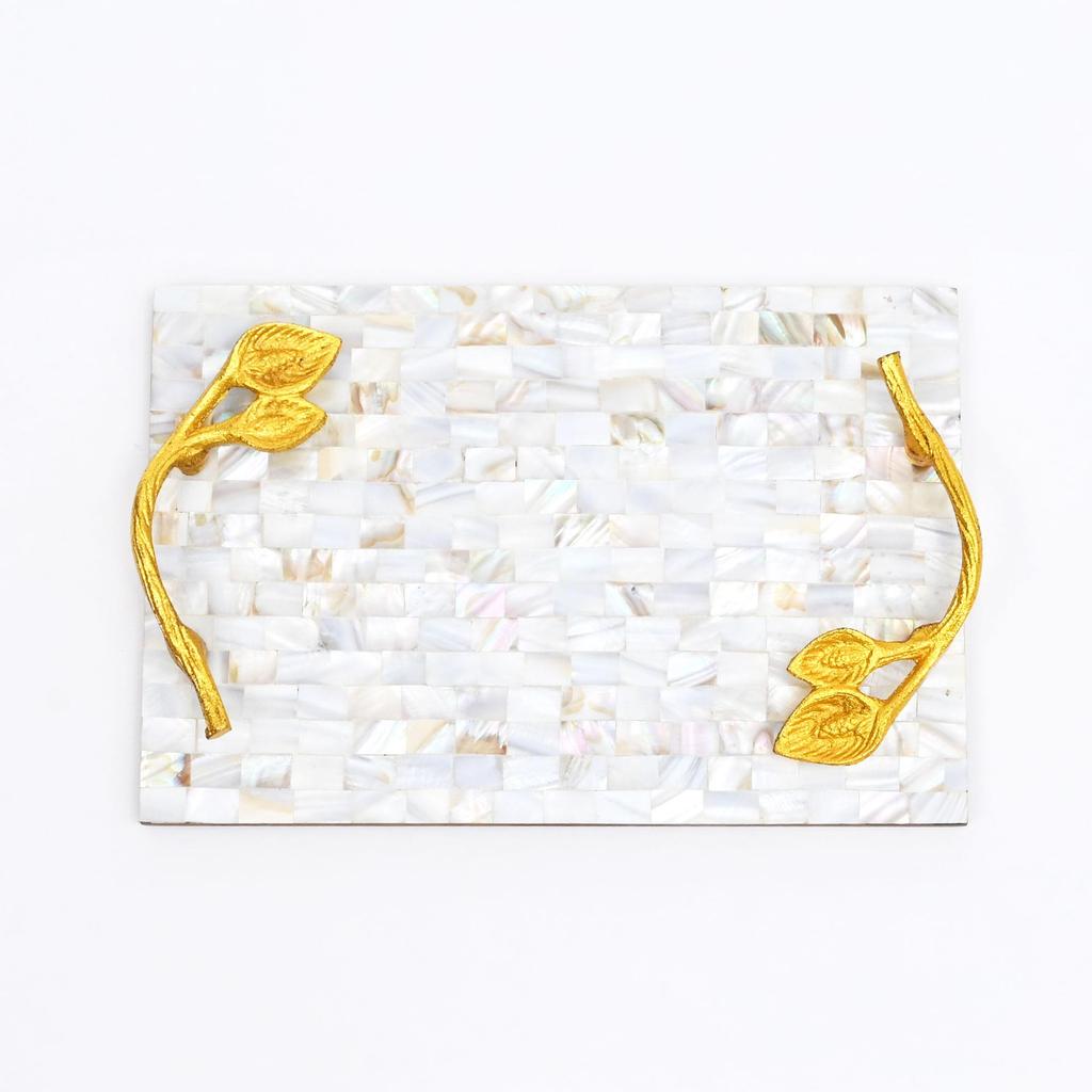 Mother Of Pearl Resin Tray With Gold Leaf Handles – Luxury Décor
