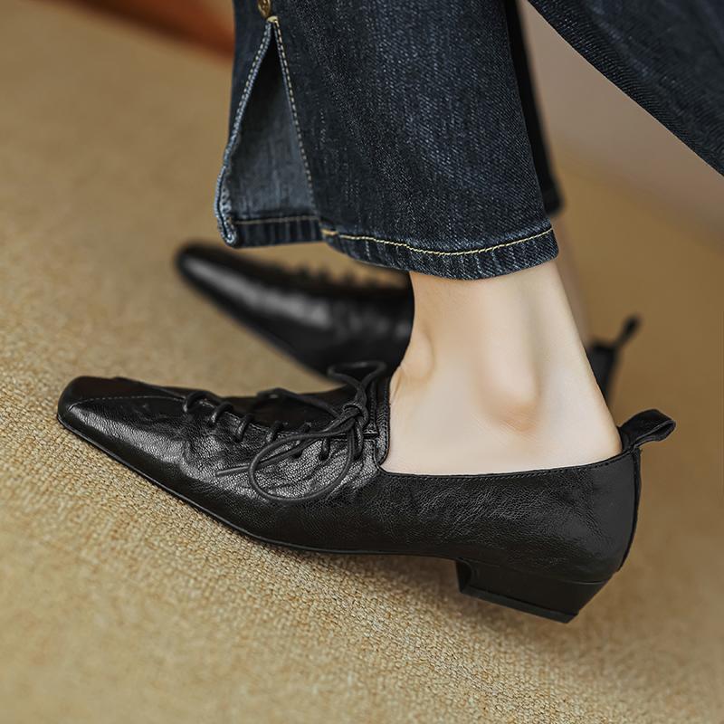 Mode 2025 Lente Nieuwe Damesschoenen Lage Hak Vierkante Neus Basis Casual Werken Comfortabel Zacht Echt Leer Schoenen Vrouw Beknopte Pumps