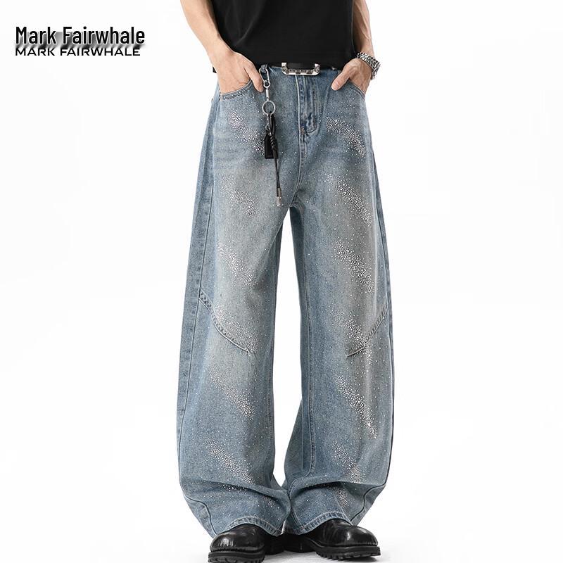 Mark Fairwhale Men's Starry Rhinestone Loose Wide-Leg Straight Jeans