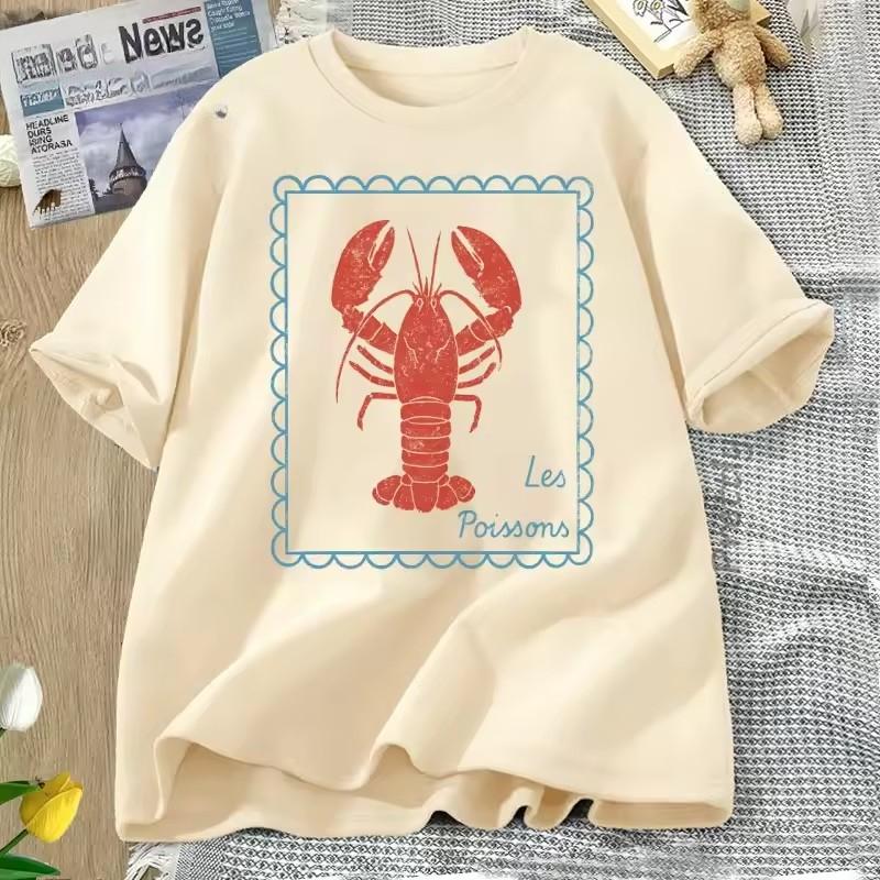 

Lobster T-Shirt French Coastal Tee Shirt Men Women Summer Cotton Short Sleeve T Shirt Oversized Round Neck Tshirt Oversized L бежевий