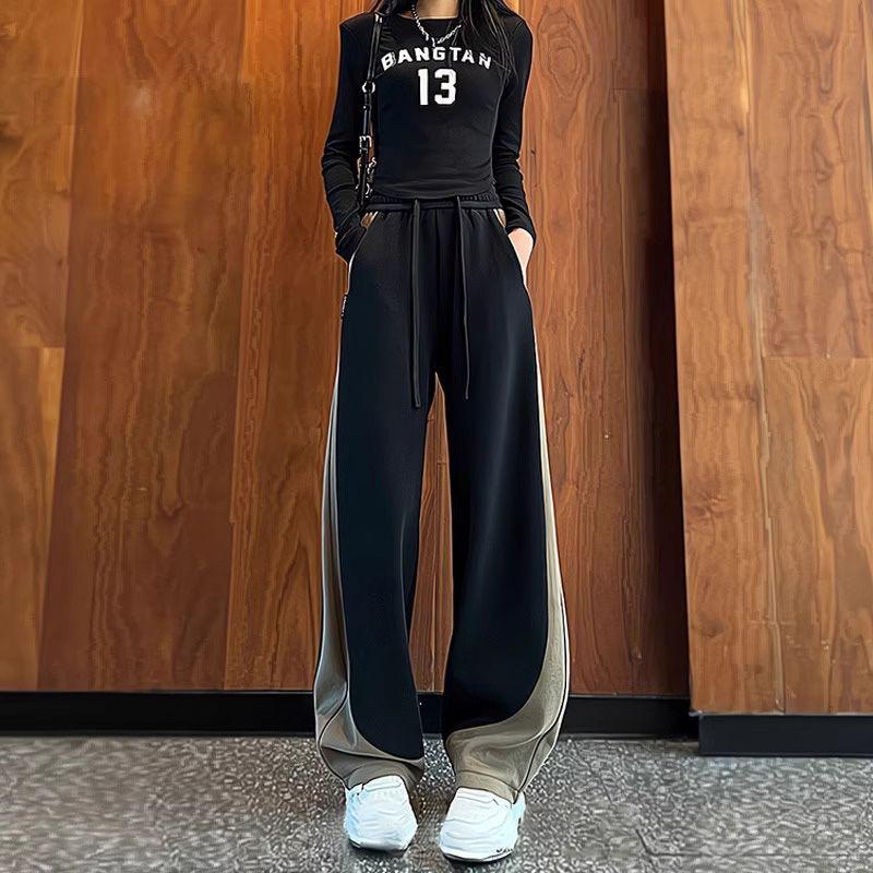 Autumn-Winter American-Style Plus-Fleece Wide-Leg Joggers for Women Color-Block Banana Long Pants In Casual Loose Fit