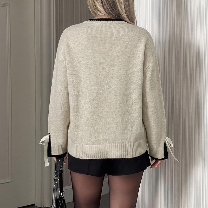 European 2026 Autumn/Winter Color Block Bow Cuff Sweater for Women