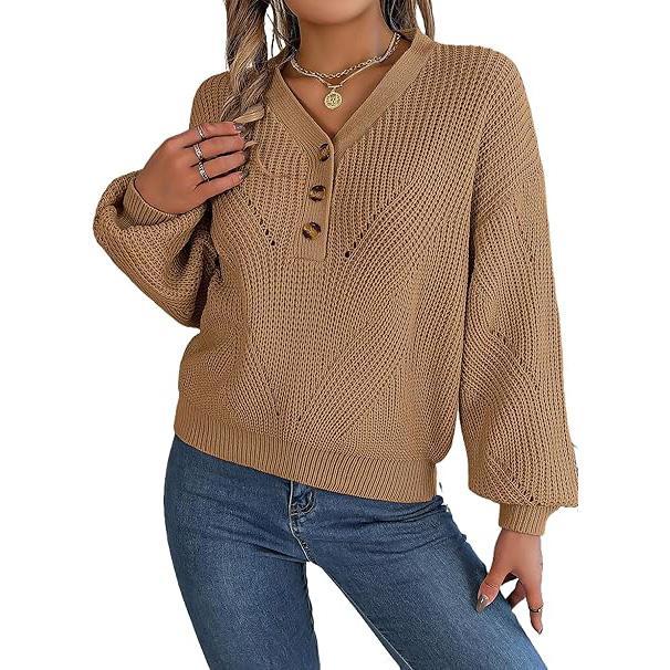 Dámský nadměrný svetr s výstřihem do V, dlouhým rukávem, dutým vzorem, pulovr, mikina na knoflíky