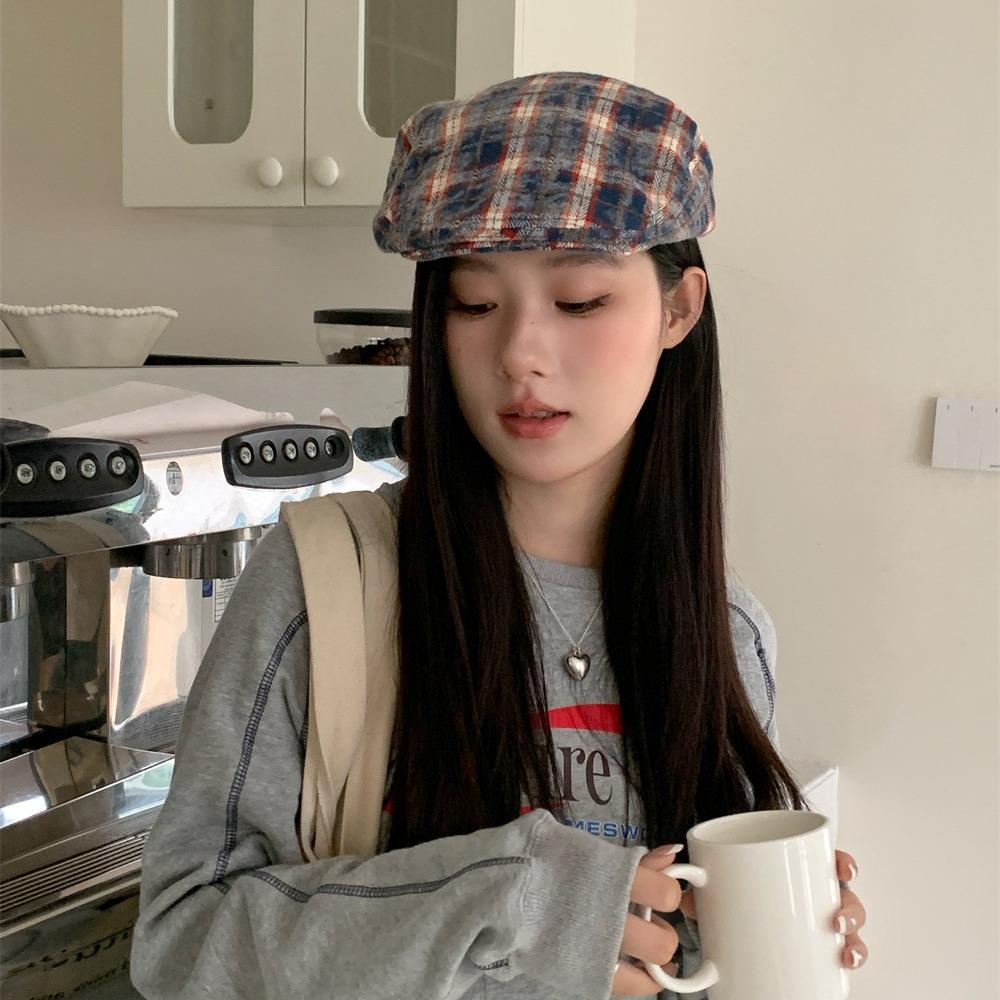 Retro Plaid Forward Hat Women's Autumn New Big Head Circumference Duckbill Hat Showing Face Small Beret Tide