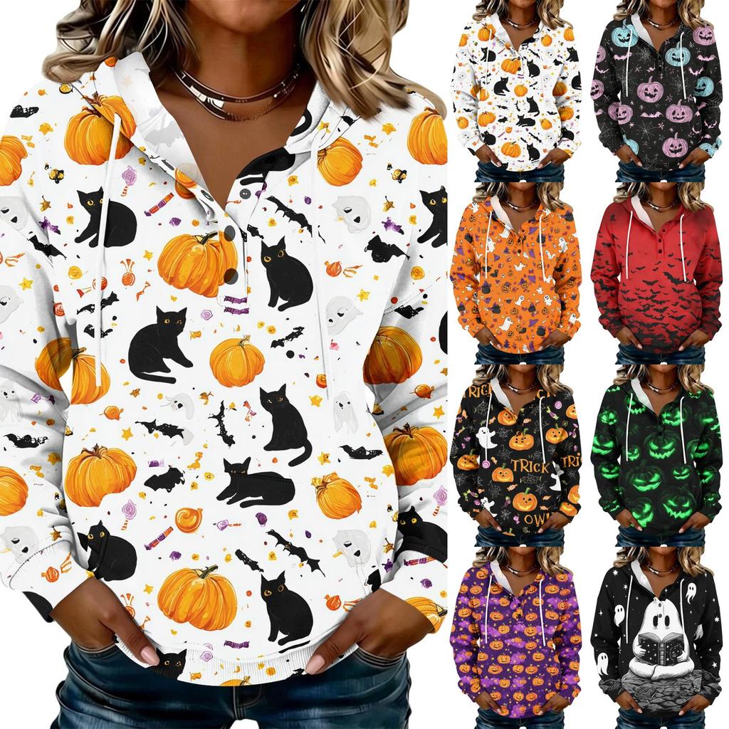 Women's Halloween Print Hoodie Button Front Long Sleeve Sweatshirt