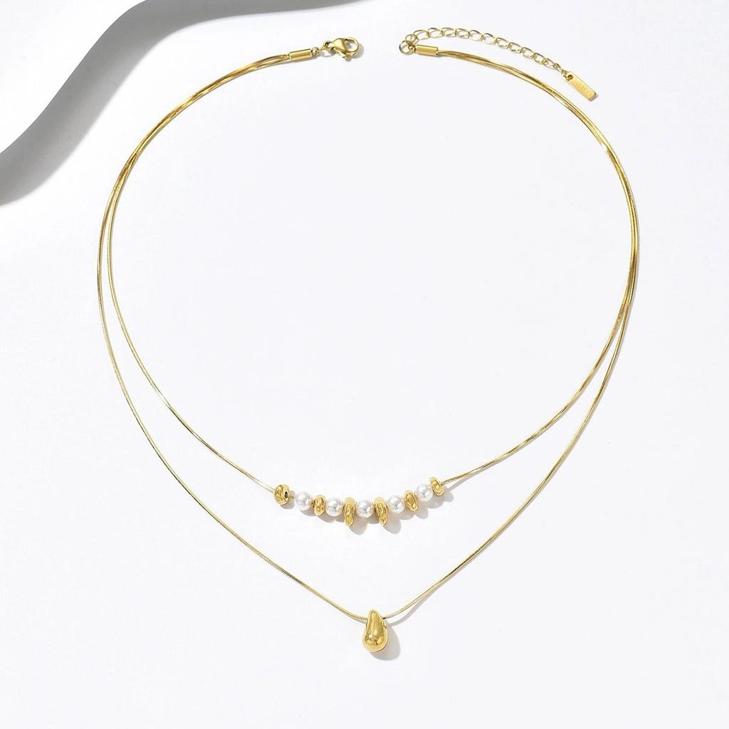 Fashion Jewelry Stainless Steel Two-layers Snake Bone Chain Pendant Necklace Women Water Drop Clavicle Chain Necklace