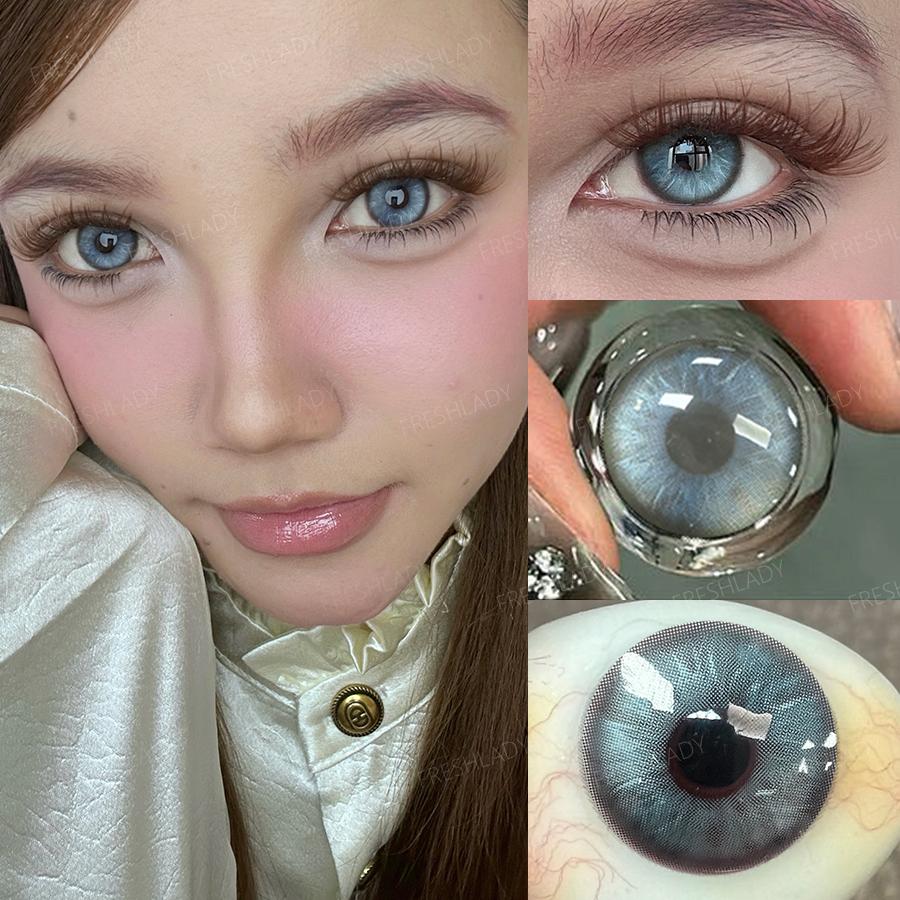 Freshlady 1 Pair 2pc 14.5mm Yearly Colored Contact Lenses, 40% Water Soft Comfortable Contacts for Daily Wear & Party Makeup, Brown/Blue/Gray