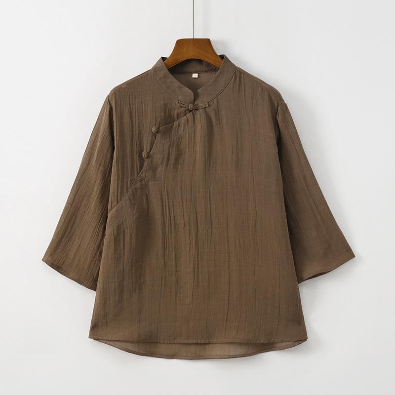 New Chinese Women's Clothing 1116 Spring and Summer New Tencel Ramie Top Women's Chinese Style Retro Diagonal Placket Button T-shirt Women
